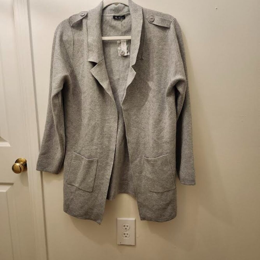 Vila Milano, Women's Knit Collared Open Front Cardigan, L, Grey, Bohemian,Casual